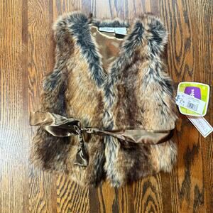 Kids "R" Us NWT Sable Brown Gray Toddler Faux Fur Vest Satin Tie Belt Size 3T